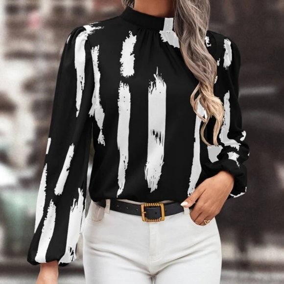 Black white Brush Pattern Lantern long Sleeved Mock Neck Shirt Blouse Top - Picture 3 of 5